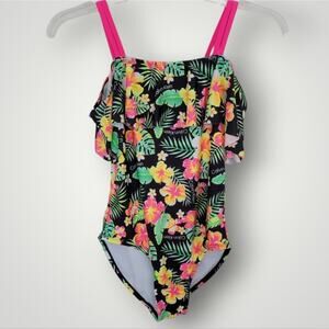 Calvin Klein Girls Swimsuit Large L One Piece Floral Black Pink Green Resort